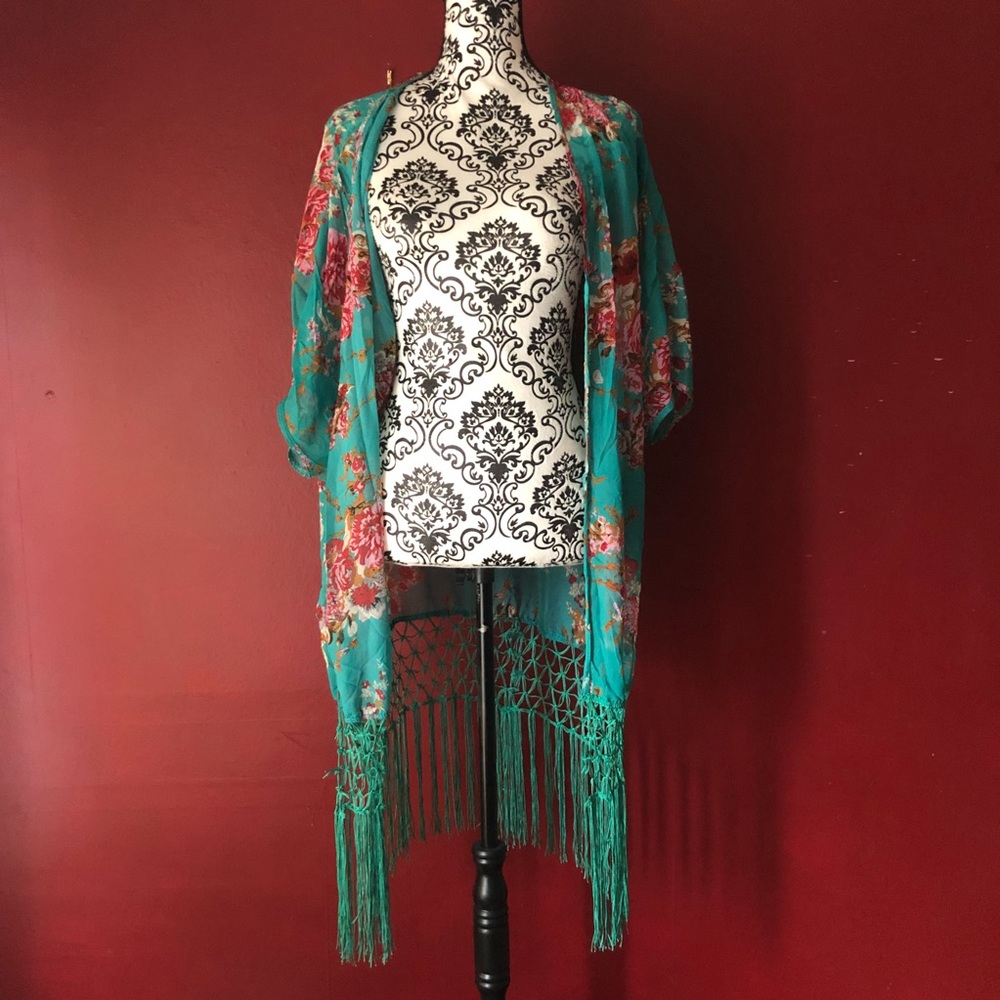 Floral kimono fringe spring summer beach casual - Picture 2 of 5